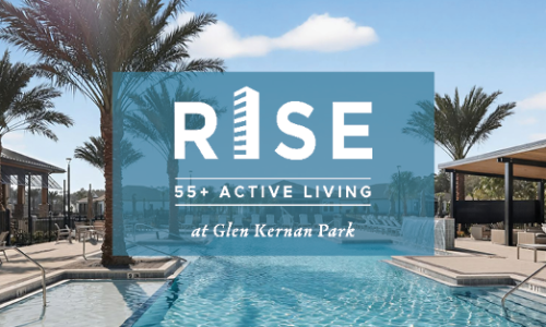 a resort-style pool with palm trees and a logo over it